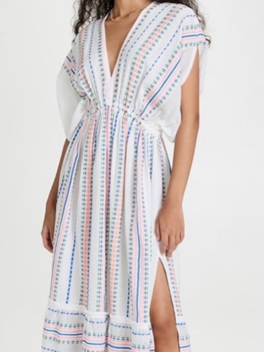 Lemlem White plunge neck Maxi coverup Dress with multicolor Stripes, sz Small